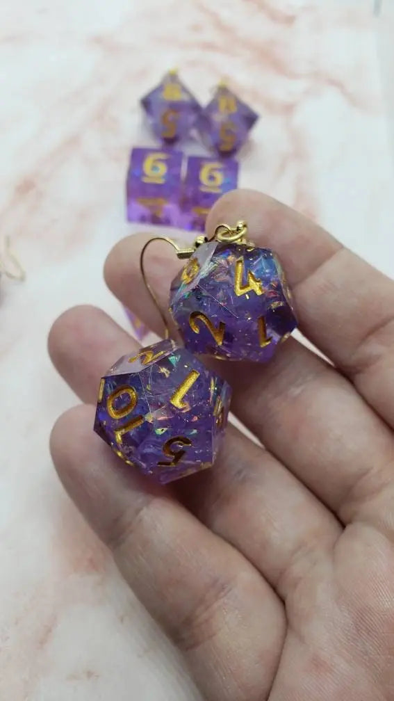 Purple Sharp Edge Iridescent Polyhedral Dice Earrings, DnD gift - moonlitbeading