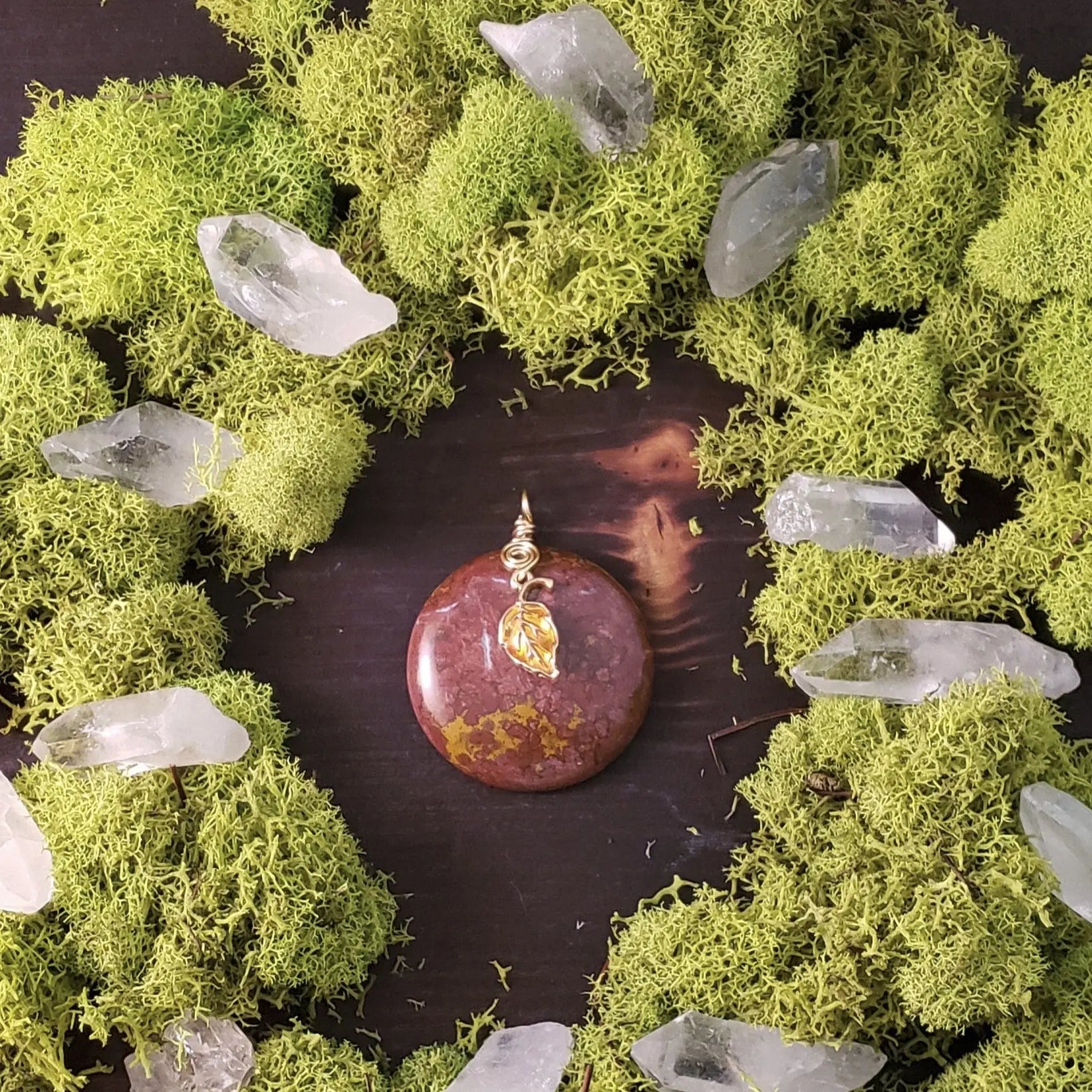 Red Jasper Copper Wire Wrapped Pendant with Enamel Fall Leaf    gemstone pendant, jasper