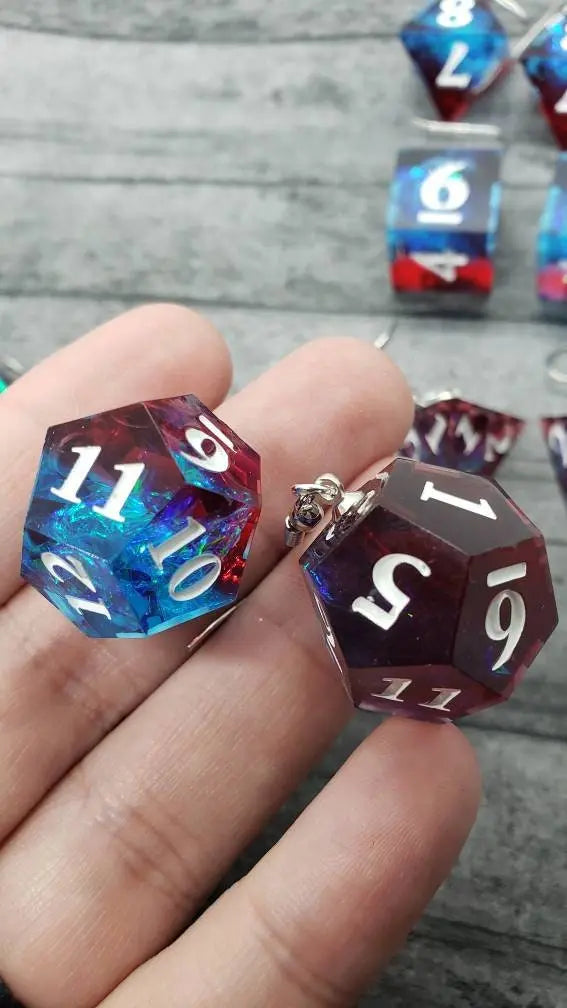 Red and Blue Sharp Edge Iridescent Polyhedral Dice Earrings, DnD gift    dice earrings