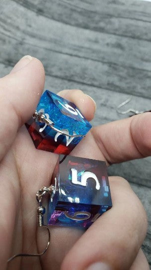 Red and Blue Sharp Edge Iridescent Polyhedral Dice Earrings, DnD gift    dice earrings