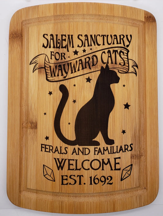 Salem Sanctuary For Wayward Cats Laser Engraved Cutting Board, Witchy Homewarming gift, Salem Witch Trials    bamboo, cat, crystal cluster, cutting board, witch