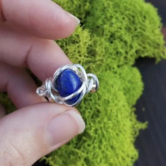 Silver Lapis Lazuli Ring Size 5 - moonlitbeading