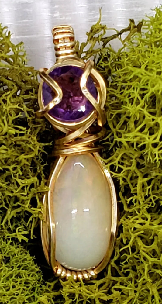 White Opal and Amethyst Pendant, Petite Pendant    Amethyst, gemstone pendant, opal