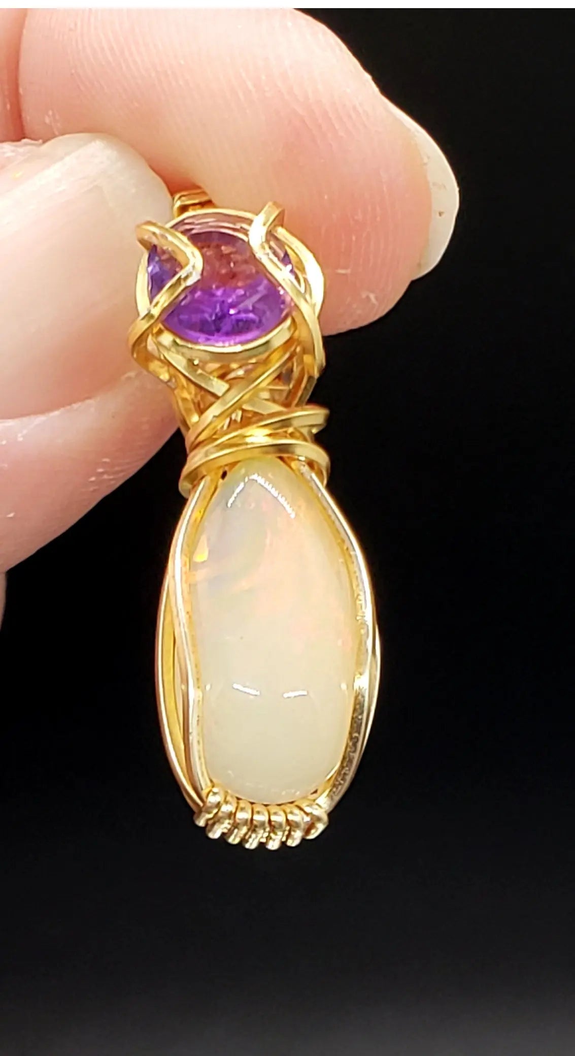 White Opal and Amethyst Pendant, Petite Pendant    Amethyst, gemstone pendant, opal