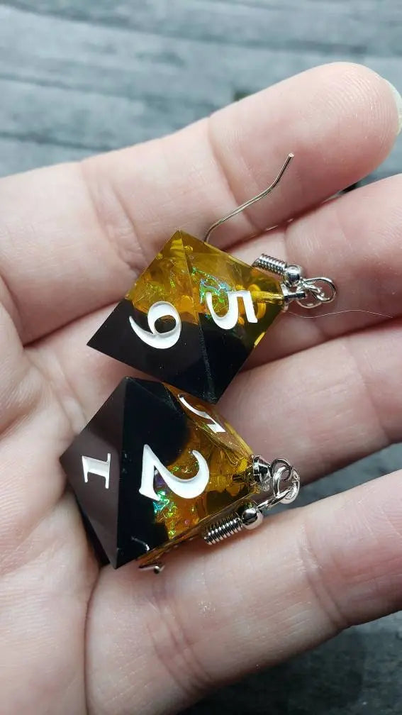 Yellow Black Sharp Edge Iridescent Polyhedral Dice Earrings, DnD gift    dice earrings