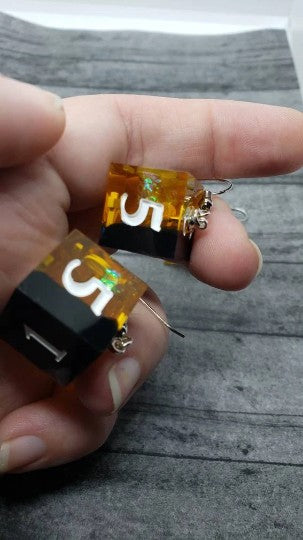 Yellow Black Sharp Edge Iridescent Polyhedral Dice Earrings, DnD gift    dice earrings